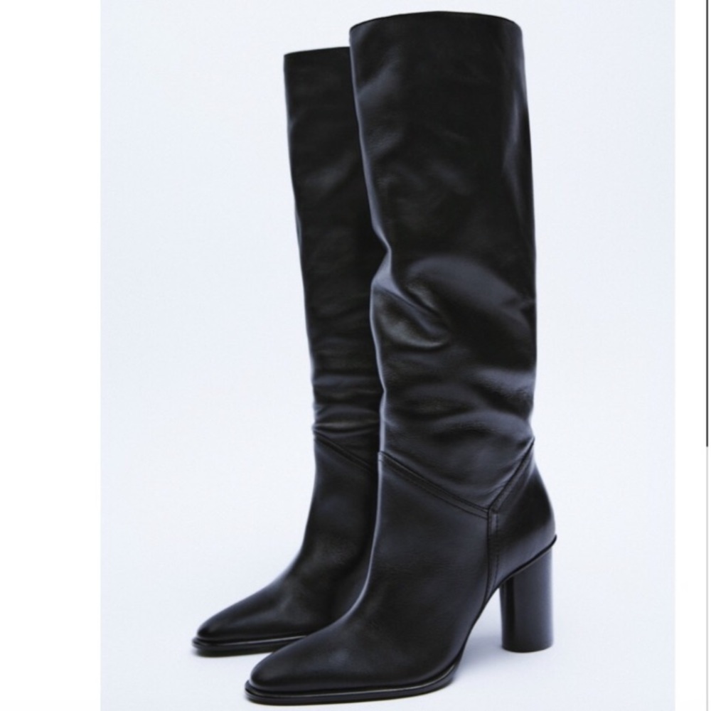 ZARA Genuine Leather Knee High Heeled Boots Black US 8 EUR 39 NWT
